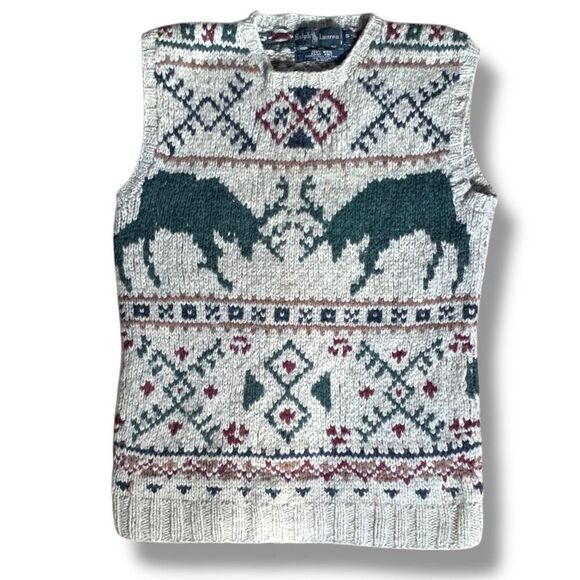 Vintage 90s Ralph Lauren Handknit Wool V-Neck Sweater Vest Nordic Elk Knitted - Picture 1 of 11